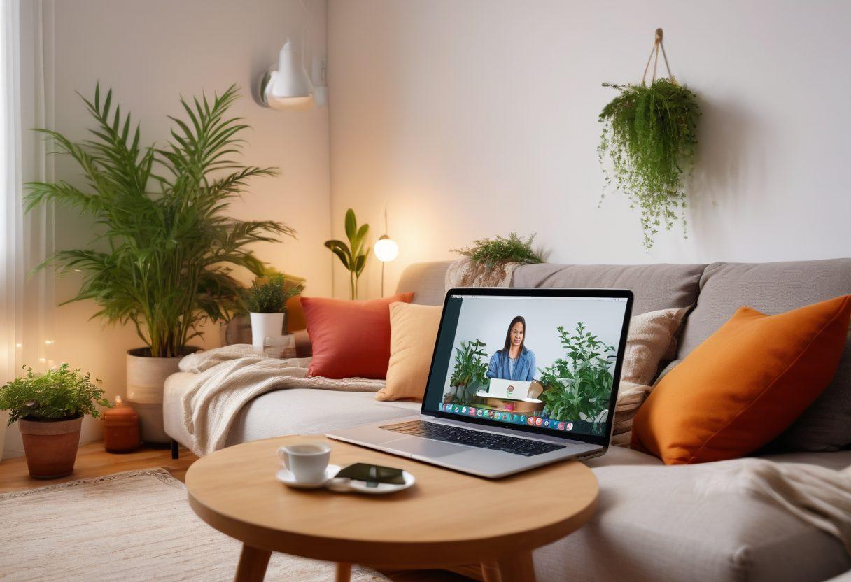 A serene, cozy room with a person comfortably seated on a couch, engaging in a video call with a friendly, approachable counselor on a laptop screen. Soft, warm lighting illuminates the space, creating a sense of safety and comfort. Subtle elements, like calming plants and a cup of herbal tea on a side table, emphasize relaxation and emotional support. super-realistic. vibrant colors. white background.