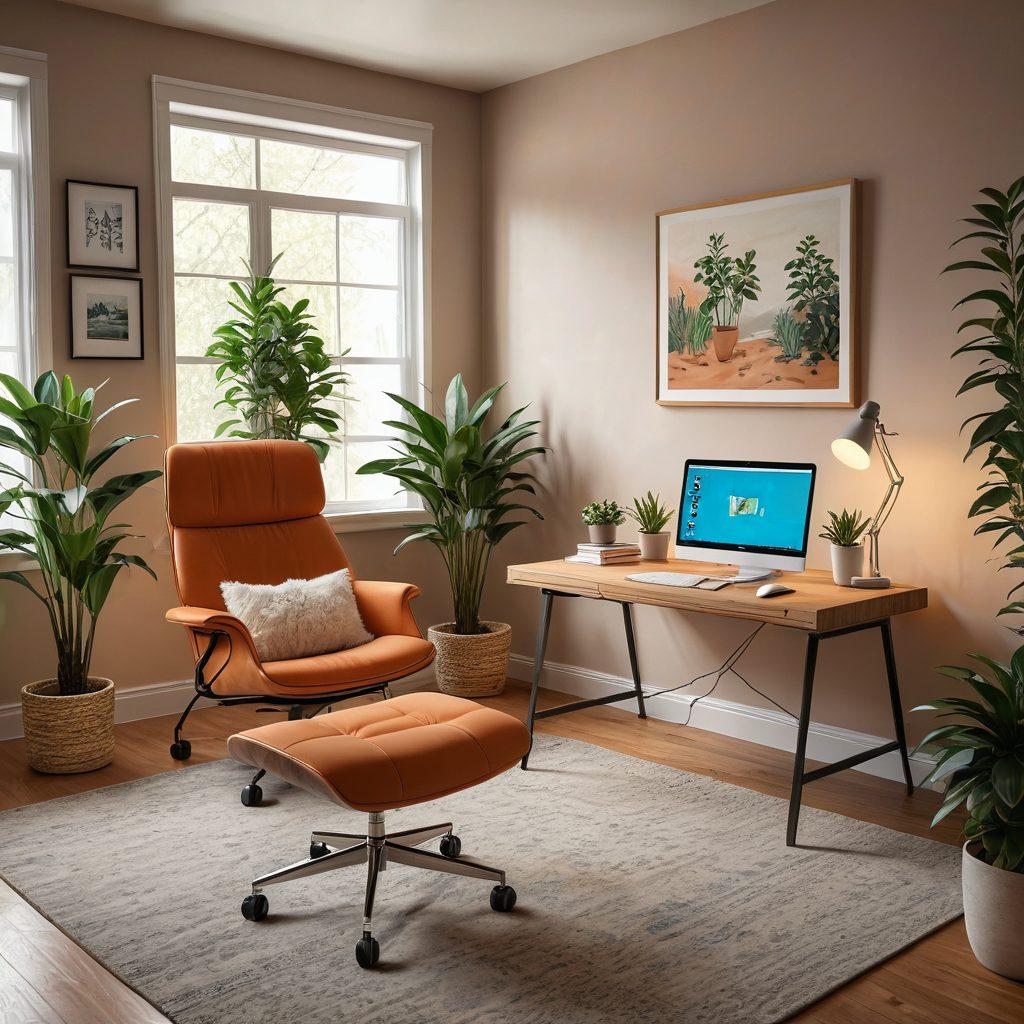 A serene, cozy home office setup with a computer screen displaying a virtual therapy session, complete with a friendly therapist and a relaxed client. The background shows calming elements like plants, soft lighting, and a comfortable chair. Emphasize warm, welcoming colors to evoke a sense of safety and support. super-realistic. vibrant colors.