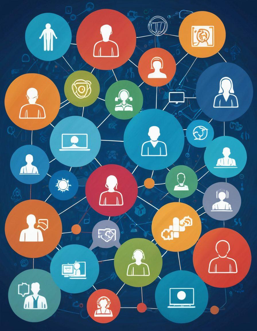 A diverse group of people of different ages and ethnicities engaging with various digital devices, surrounded by icons representing different psychological services such as therapy, counseling, and coaching. Each icon can be connected by a network of lines to symbolize accessibility and connectivity. The background should be a calming blue gradient, representing a safe space for mental health. vector art. vibrant colors.